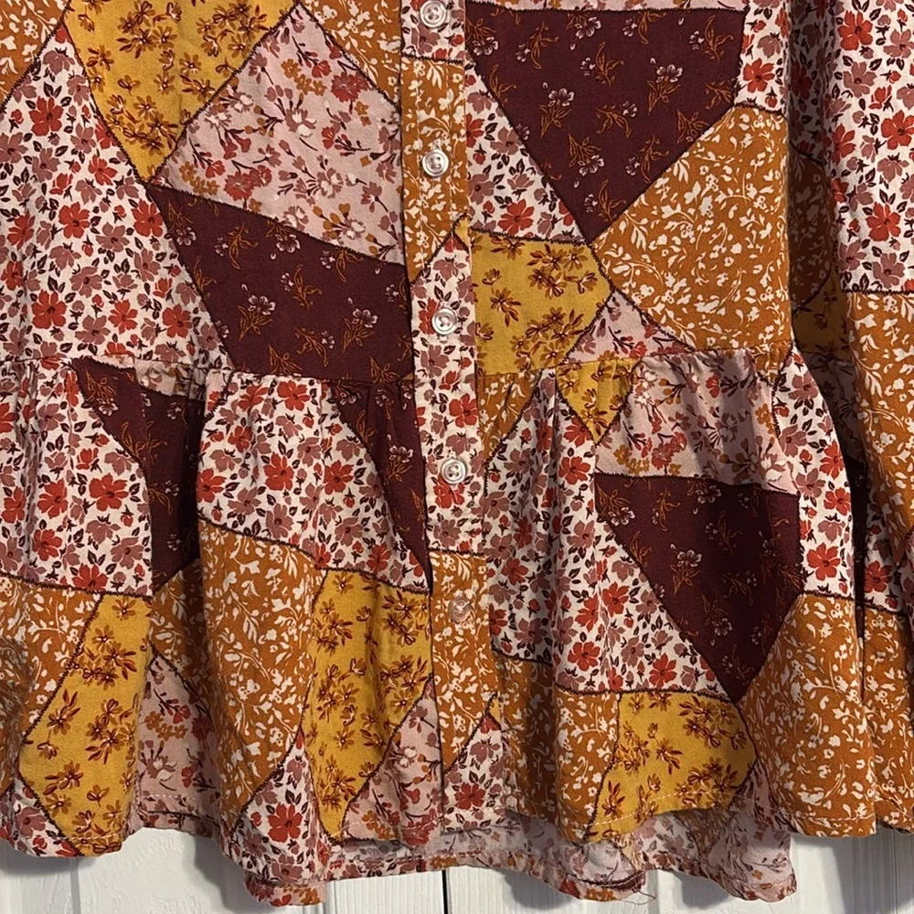 Charlotte By Cato Girls XL (18) Button Patchwork Peplum Top Long Sleeves Boho